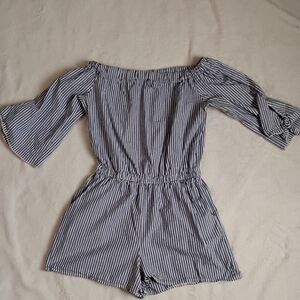 The Vanity Room Navy Striped Off-Shoulder Romper